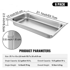 Hotel Pans Full Size 2.5 Inch Deep, Steam Table Pan 6 Pack , 22 Gauge/0.8mm Thick Stainless Steel Hotel Pan Anti Jam Steam Table Pan