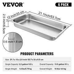 Hotel Pans Full Size 2.5 Inch Deep, Steam Table Pan 6 Pack , 22 Gauge/0.8mm Thick Stainless Steel Hotel Pan Anti Jam Steam Table Pan