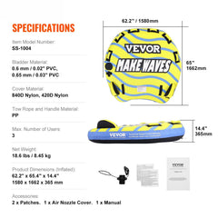 Towable Tube for Boating, 1-3 Riders Inflatable Towable Tube with Bumper Fins, 510 lbs Water Sport Towable Tubes for Boats to Pull, Full Nylon Cover, EVA Grab Handles and Speed Safety Valve