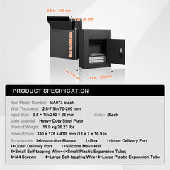 Through The Wall Drop Box, Heavy Duty Steel Through the Wall Mailbox with 2.8-7.9" 13" Combination Lock, 13x7x17" Mail Drop Box, Black