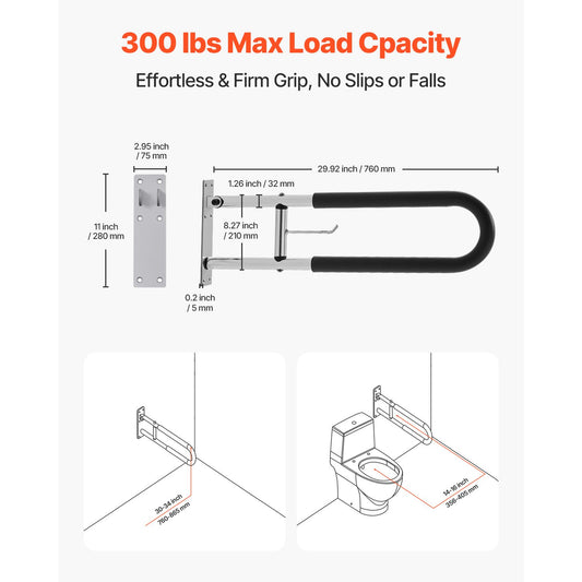 Toilet Safety Rail, 76.5 cm U-Shaped Handicap Grab Bar, Foldable Senior Safety Pole, Flip Up Toilet Grab Bars with Anti-Slip Handle, 136 kg Load Capacity Security Handrail with Paper Holder