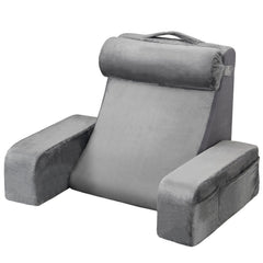 Reading Pillow, Backrest Support Pillow with Arm and 3 Pockets, Large Size Bed Pillow with Removable Headrest & 25D Sponge, Handle for Easy Carrying, for Reading, Gaming, Resting, Working, Grey