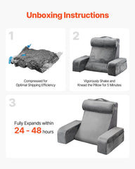 Reading Pillow, Backrest Support Pillow with Arm and 3 Pockets, Large Size Bed Pillow with Removable Headrest & 25D Sponge, Handle for Easy Carrying, for Reading, Gaming, Resting, Working, Grey