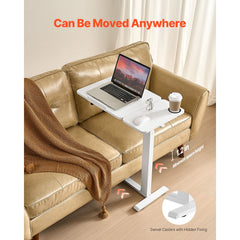 Overbed Table, Mobile Bed Side Table with Flip Desktop and 4 Hidden Wheels, Height & Angle Adjustable Rolling Laptop Desk with Cup Holder, Portable Over Bed Desk for Home, Office, Study, White