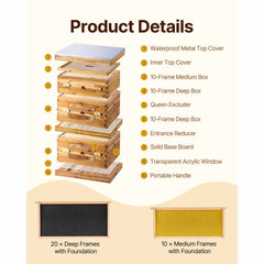 Bee Hive 30 Frame Bee Hives Starter Kit, Beeswax Coated Fir Wood, 2 Deep + 1 Medium Bee Boxes Langstroth Beehive Kit, Transparent Acrylic Windows with Foundations for Beginners Pro Beekeepers