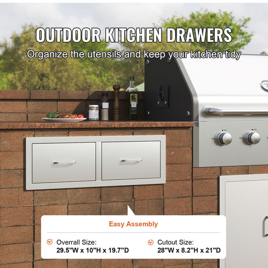 Outdoor Kitchen Drawers 30" W x 10" H x 20" D, Horizontal Double BBQ Access Drawers Stainless Steel with Handle, BBQ Island Drawers for Outdoor Kitchens or Patio Grill Station