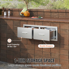 Outdoor Kitchen Drawers 30" W x 10" H x 20" D, Horizontal Double BBQ Access Drawers Stainless Steel with Handle, BBQ Island Drawers for Outdoor Kitchens or Patio Grill Station