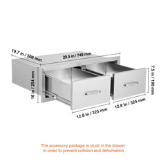 Outdoor Kitchen Drawers 30" W x 10" H x 20" D, Horizontal Double BBQ Access Drawers Stainless Steel with Handle, BBQ Island Drawers for Outdoor Kitchens or Patio Grill Station