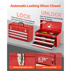 Tool Box 520 mm Portable Metal Tool Box 3 Drawers Tool Organizer Red