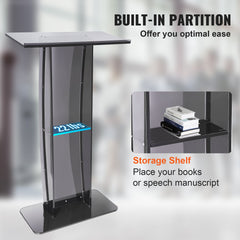 Acrylic Podium, 47" Tall, Acrylic Podium Stand with Wide Reading Surface & Storage Shelf, Floor-standing Clear Pulpits Acrylic for Church Office School, Black