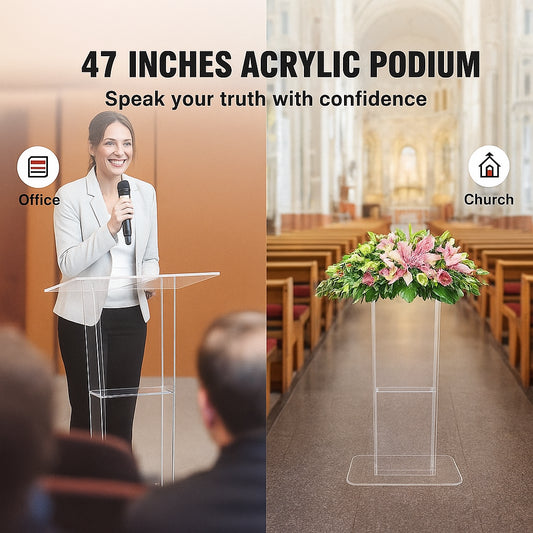 Acrylic Podium, 47" Tall, Clear Acrylic Podium Stand with Wide Reading Surface & Storage Shelf, Floor-standing Clear Pulpits Acrylic for Church Office School