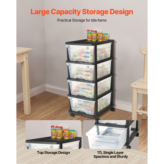 Plastic Storage Drawers Cart, 4 Drawers Storage Organizer with Wheels, Rolling Closet Organization and Storage Dividers, Dresser Organizer Clear Bins for Office Supplies, Craft Rooms, Classrooms