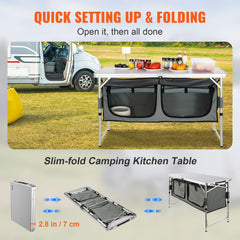 Camping Kitchen Table, Quick set-up Folding Camping Table with A Carrying Bag, 3 Adjustable Heights, MDF Camping Table, Ideal for Outdoor Picnics, BBQs, Camping, RV Traveling