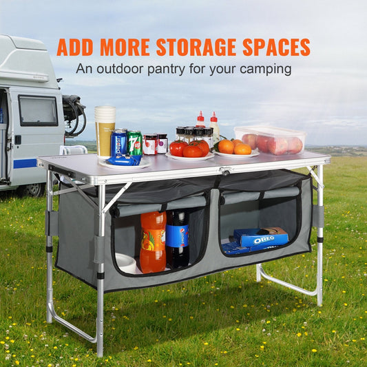 Camping Kitchen Table, Quick set-up Folding Camping Table with A Carrying Bag, 3 Adjustable Heights, MDF Camping Table, Ideal for Outdoor Picnics, BBQs, Camping, RV Traveling