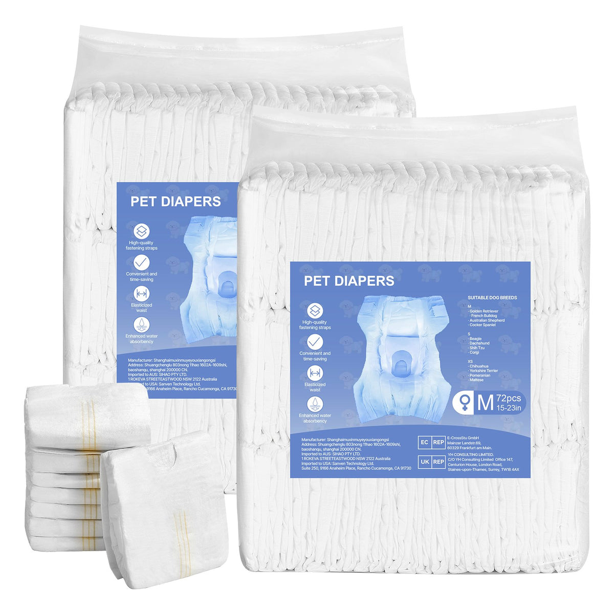Disposable Dog Diapers, Super Absorbent Female Dog Diapers, 360° Leak-Proof Female Doggy Pet Diaper with Wetness Indicator for Heat Period, Training, Incontinence - M, 144 Count (2 Packs of 72)