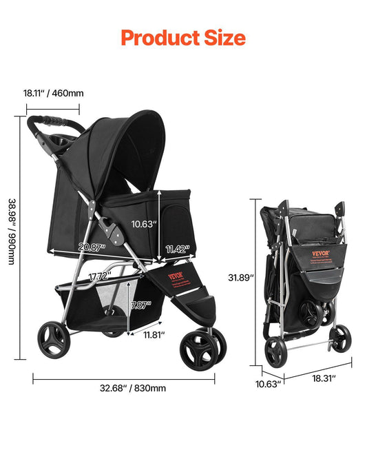 Pet Stroller, 16KG Weight Capacity, Foldable Dog Stroller Cart, 3 Wheels Cats Strollers with Mesh Windows and Cup Holders, Portable Pet Carrier Strollers with Brake, for Small to Medium Pets