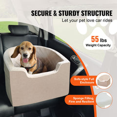 Dog Car Seat, Waterproof Dog Booster Seat for Car with A Storage Pocket, Clip-On Safety Leash and Sponge Filling, Dog Car Bed for Small & Medium Dog up to 24.9 kg, Brown