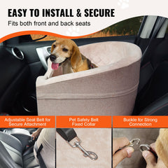 Dog Car Seat, Waterproof Dog Booster Seat for Car with A Storage Pocket, Clip-On Safety Leash and Sponge Filling, Dog Car Bed for Small & Medium Dog up to 24.9 kg, Brown