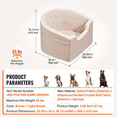 Dog Car Seat, Waterproof Dog Booster Seat for Car with A Storage Pocket, Clip-On Safety Leash and Sponge Filling, Dog Car Bed for Small & Medium Dog up to 24.9 kg, Brown