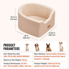 Dog Car Seat, Waterproof Dog Booster Seat for Car with A Storage Pocket, Clip-On Safety Leash and Sponge Filling, Dog Car Bed for Small & Medium Dog up to 24.9 kg, Brown