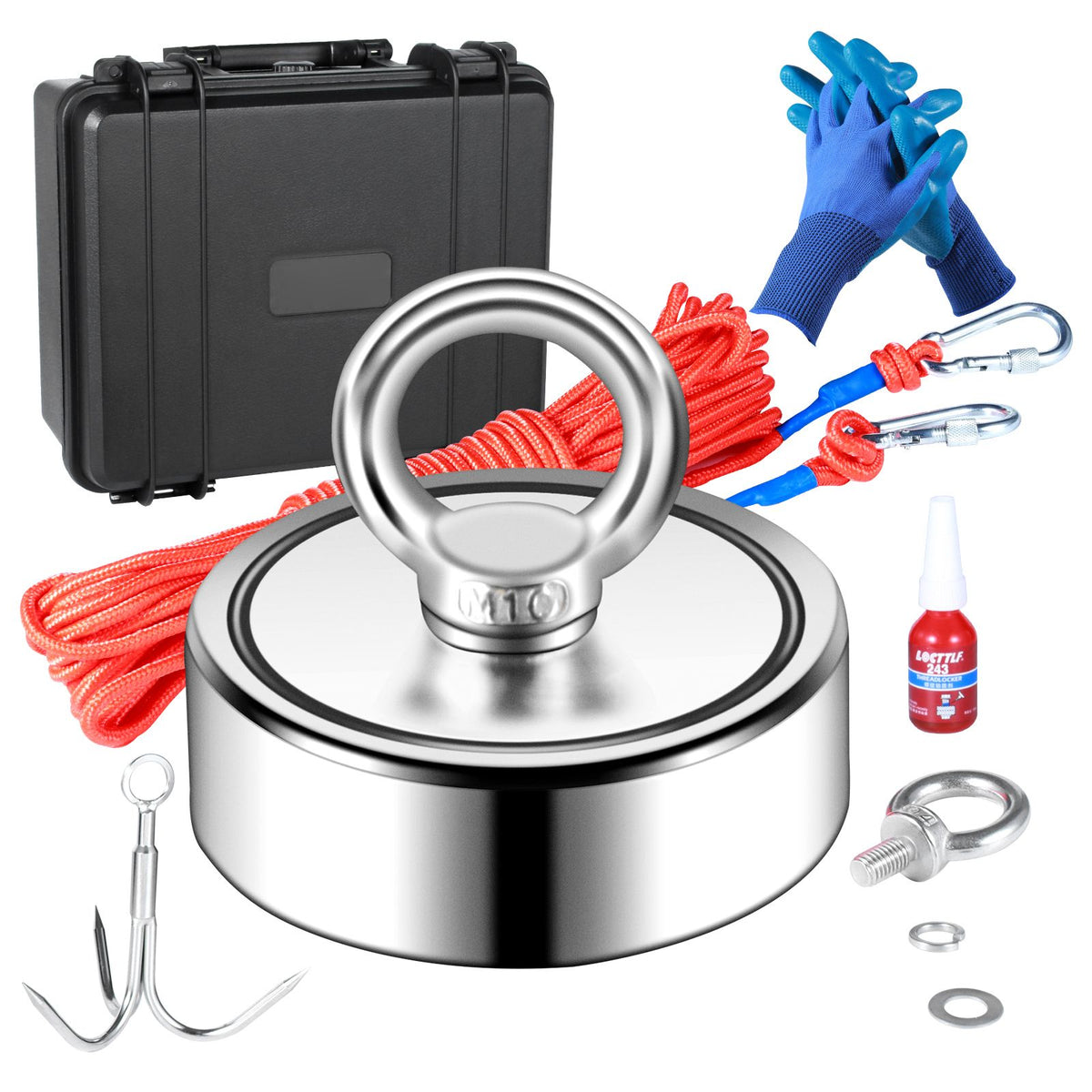 Magnet Fishing Kit, 1200lbs Pulling Force Double Sided Fishing Magnets, 2.95inch Diameter Magnet with Rope, Grappling Hook, Gloves, Waterproof Case, Threadlocker, Eye Bolt, for Fishing