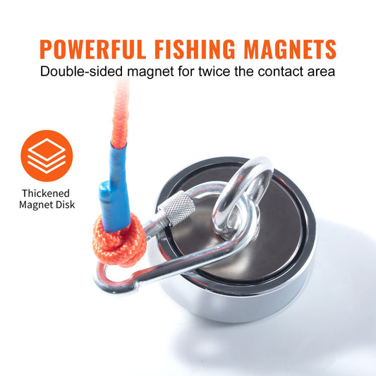 Magnet Fishing Kit, 1200lbs Pulling Force Double Sided Fishing Magnets, 2.95inch Diameter Magnet with Rope, Grappling Hook, Gloves, Waterproof Case, Threadlocker, Eye Bolt, for Fishing