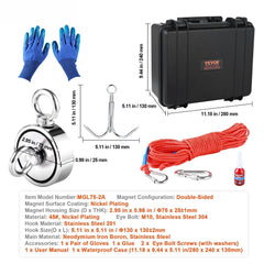 Magnet Fishing Kit, 1200lbs Pulling Force Double Sided Fishing Magnets, 2.95inch Diameter Magnet with Rope, Grappling Hook, Gloves, Waterproof Case, Threadlocker, Eye Bolt, for Fishing