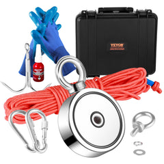 Magnet Fishing Kit, 1200lbs Pulling Force Double Sided Fishing Magnets, 2.95inch Diameter Magnet with Rope, Grappling Hook, Gloves, Waterproof Case, Threadlocker, Eye Bolt, for Fishing