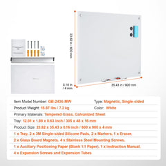Magnetic Glass Whiteboard, Dry Erase Board 36"x24", Wall-Mounted Large White Glassboard Frameless, with Marker Tray, an Eraser and 2 Markers, White
