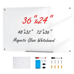 Magnetic Glass Whiteboard, Dry Erase Board 36"x24", Wall-Mounted Large White Glassboard Frameless, with Marker Tray, an Eraser and 2 Markers, White