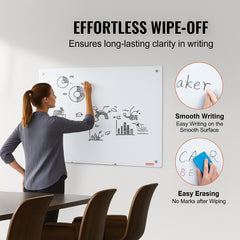 Magnetic Glass Whiteboard, Dry Erase Board 36"x24", Wall-Mounted Large White Glassboard Frameless, with Marker Tray, an Eraser and 2 Markers, White