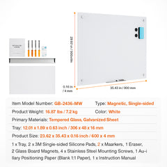 Magnetic Glass Whiteboard, Dry Erase Board 36"x24", Wall-Mounted Large White Glassboard Frameless, with Marker Tray, an Eraser and 2 Markers, White