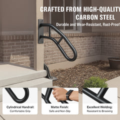 Handrails for Outdoor Steps, 29" Length Wall Mount Safety Railings for 1-3 Steps, U-Shaped Handrail with Matte Black Finished, Stair Handrails for Kids, Elderly, Pregnant Women, Disabled