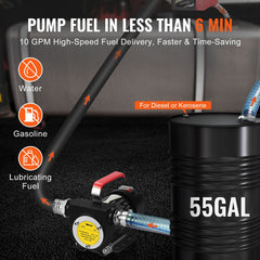 Fuel Transfer Pump, 12V DC 10 GPM 1/4 HP, Portable Electric Diesel Transfer Pump with Automatic Shut-Off Fuel Nozzle, High Flow, Long Inlet & Outlet Hose for Diesel, Kerosene, Transformer Fuel