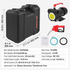 Fuel Transfer Pump, 12V DC 10 GPM 1/4 HP, Portable Electric Diesel Transfer Pump with Automatic Shut-Off Fuel Nozzle, High Flow, Long Inlet & Outlet Hose for Diesel, Kerosene, Transformer Fuel