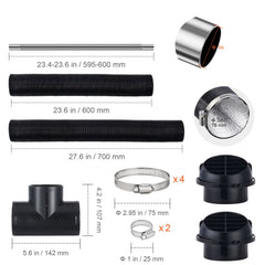 Diesel Heater Pipe Ducting Set, 3" Extendable Air Duct Hose, 1" Stainless Steel Exhaust Pipe, 2 Air Vents, Tee Air Outlet Connector and Hose Clamps, for 2KW/5KW/8KW Diesel Parking Heaters