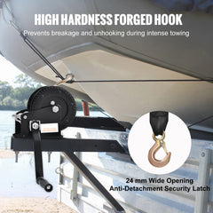 Hand Winch, 725.7 kg Pulling Capacity, Boat Trailer Winch Heavy Duty Rope Crank with 10 m Polyester Strap and Two-Way Ratchet, Manual Operated Hand Crank Winch for Trailer, Boat or ATV Towing