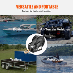 Hand Winch, 725.7 kg Pulling Capacity, Boat Trailer Winch Heavy Duty Rope Crank with 10 m Polyester Strap and Two-Way Ratchet, Manual Operated Hand Crank Winch for Trailer, Boat or ATV Towing