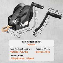 Hand Winch, 725.7 kg Pulling Capacity, Boat Trailer Winch Heavy Duty Rope Crank with 10 m Polyester Strap and Two-Way Ratchet, Manual Operated Hand Crank Winch for Trailer, Boat or ATV Towing