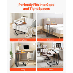 C Table, C Shaped Sofa Side Table with Metal Frame Rolling Casters, Portable C Shaped End Stand for Living Room Bedroom Office, 19.69 x 13.78 x 23.82 inches Laptop Side Tables, Brown and Black