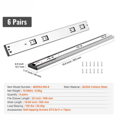 6 Pairs of 508mm Drawer Slides Side Mount Rails, Heavy Duty Full Extension Steel Track, Soft-Close Noiseless Guide Glides Cabinet Kitchen Runners with Ball Bearing, 100 Lbs Load Capacity