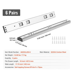 6 Pairs of 457.2mm Drawer Slides Side Mount Rails, Heavy Duty Full Extension Steel Track, Soft-Close Noiseless Guide Glides Cabinet Kitchen Runners with Ball Bearing, 100 Lbs Load Capacity