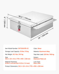 Truck Bed Tool Box, Heavy Duty Aluminum Tool Box with Diamond Plate, Storage Toolbox Chest Organizer Supports up to 100 kg, Ideal for Pickup, Truck Bed, RV, Trailer, 770 x 610 x 230 mm, Silver
