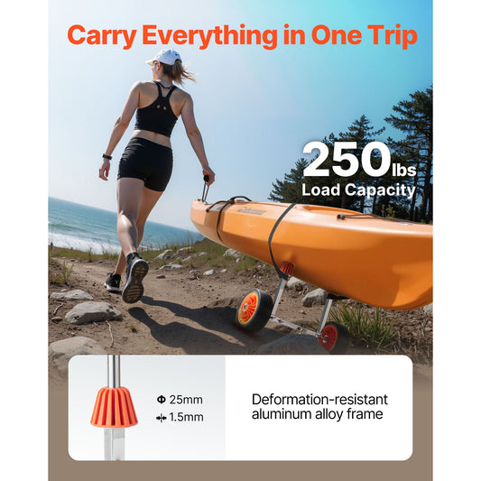 Kayak Cart, 113.4 kg Load Capacity, Canoe Cart Dolly with 19.1 cm Solid Rubber Tires & Kickstand, Assembles & Disassembles Within Seconds, Paddle Board Trolley for Kayaks, Canoes, Paddleboards