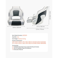 Boat Seat, High Backrest, Flip Up Boat Seat Captain Bucket Seat with Thickened Sponge Cushion & Waterproof PVC Leather, Ergonomic Design, Folding Boat Seat for Boats, Yachts, Ships, White & Grey