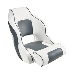 Boat Seat, High Backrest, Flip Up Boat Seat Captain Bucket Seat with Thickened Sponge Cushion & Waterproof PVC Leather, Ergonomic Design, Folding Boat Seat for Boats, Yachts, Ships, White & Grey
