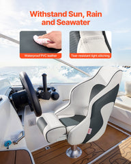 Boat Seat, High Backrest, Flip Up Boat Seat Captain Bucket Seat with Thickened Sponge Cushion & Waterproof PVC Leather, Ergonomic Design, Folding Boat Seat for Boats, Yachts, Ships, White & Grey