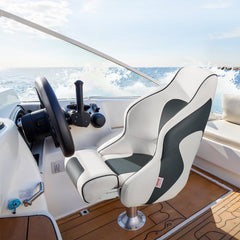 Boat Seat, High Backrest, Flip Up Boat Seat Captain Bucket Seat with Thickened Sponge Cushion & Waterproof PVC Leather, Ergonomic Design, Folding Boat Seat for Boats, Yachts, Ships, White & Grey