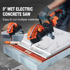 Electric Concrete Saw, 9 in, 2000 W 15 A Motor Circular Saw Cutter with 3.5 in Cutting Depth, Wet/Dry Disk Saw Cutter Includes Water Line, Pump and Blade, for Stone, Brick