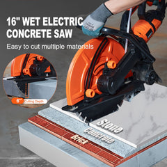 Electric Concrete Saw, 16 in, 2800 W 15 A Motor Circular Saw Cutter with Max. 6 in Adjustable Cutting Depth, Wet Disk Saw Cutter Includes Water Line, Pump and Blade, for Stone, Brick